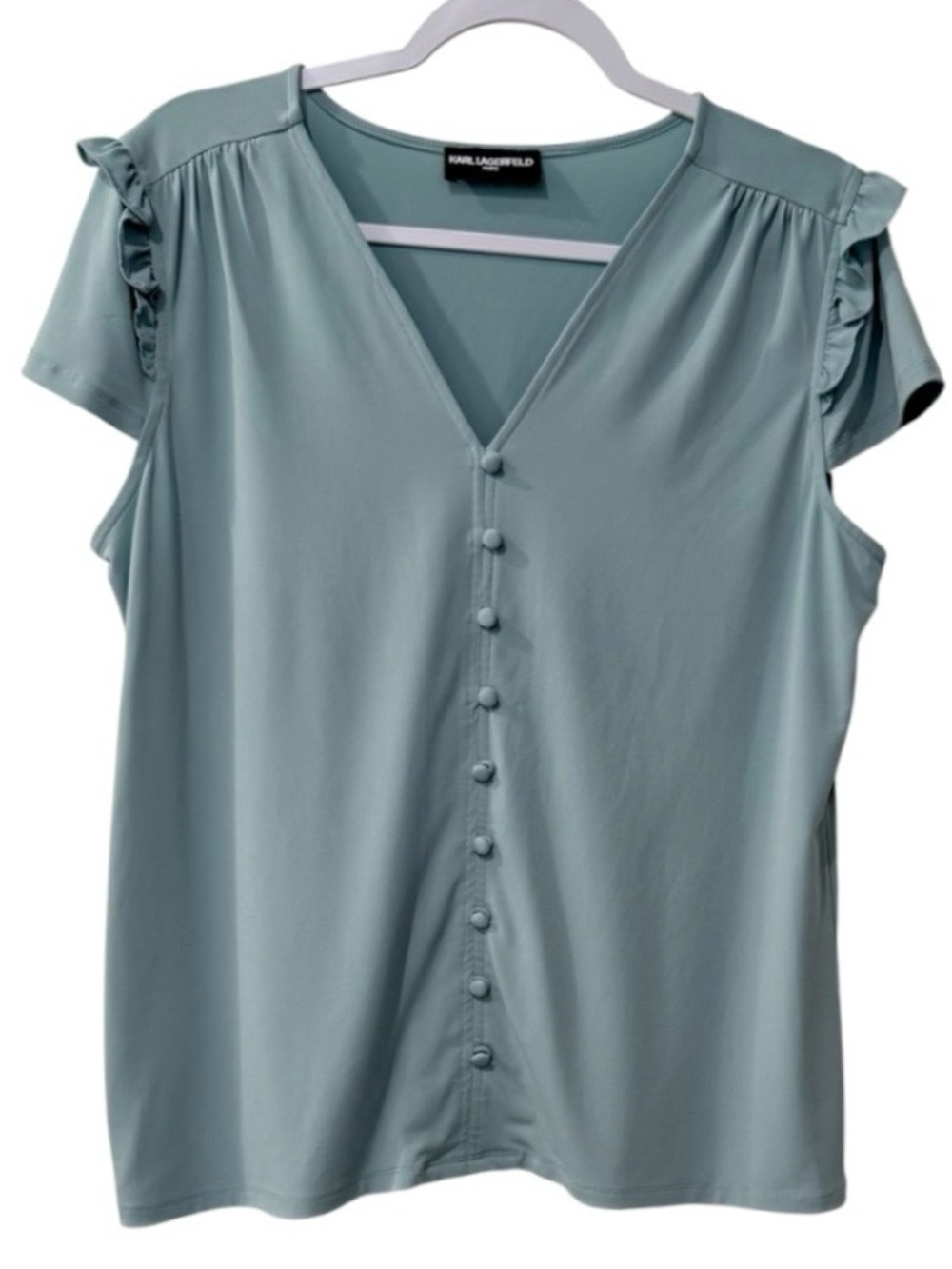 Karl Lagerfeld Paris women’s flutter cap sleeve v-neck sage green blouse